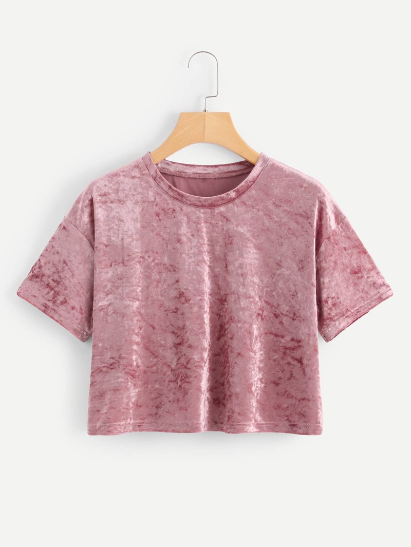 

Velvet Drop Shoulder Crop Tee, Pink