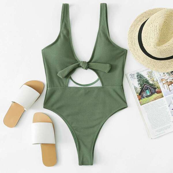 

Cut Out Knot Swimsuit, Army green