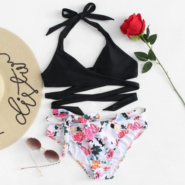 

Crisscross Top With Rose Print Tie Bikini Set, Multicolor