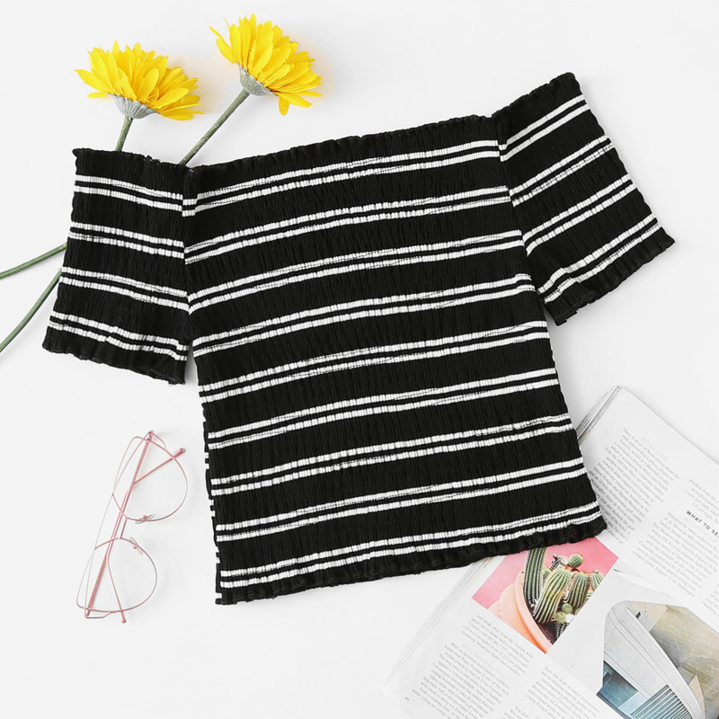 

Off Shoulder Striped Crop Tee, Black and white