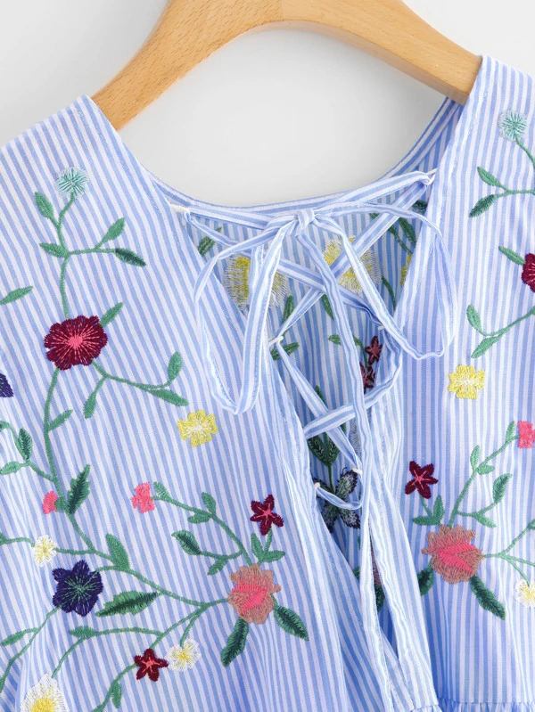 lace up back embroidered smock dress