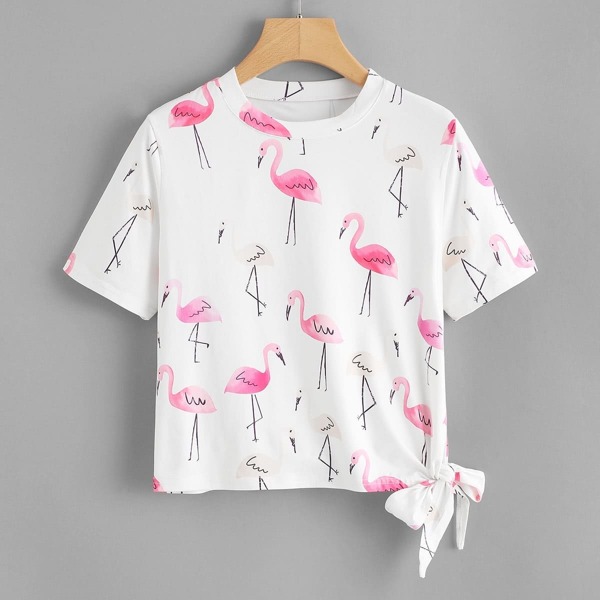 

Knot Side Flamingo Print Tee, Multicolor