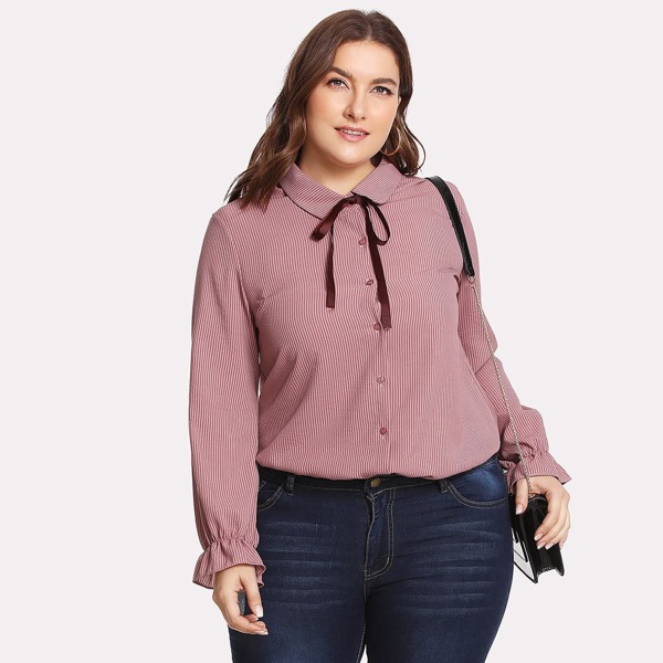 

Plus Ribbon Tie Neck Pinstriped Shirt, Pink