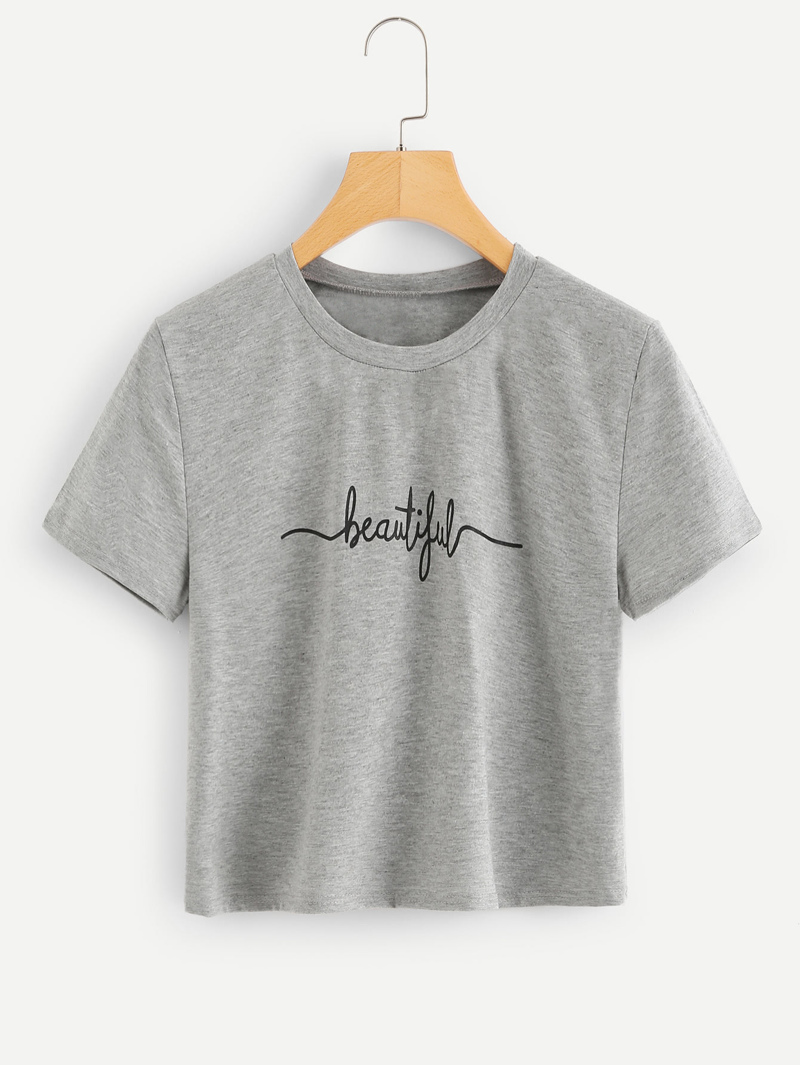 

Letter Print Crop Tee, Grey