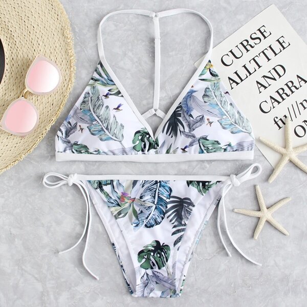 

Tropical Print Triangle Top With Self Tie Side Bikini