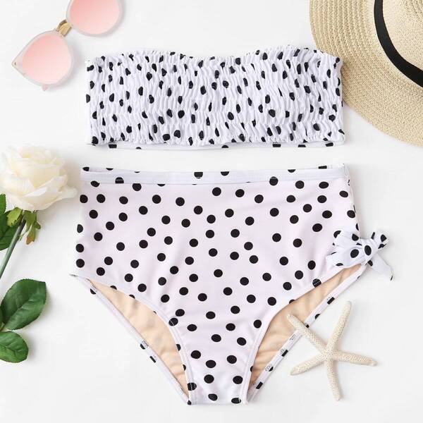 

Polka Dot Bandeau With High Waist Bikini Set