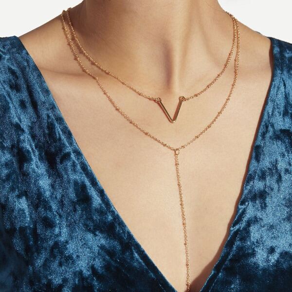 

Letter V Detail Layered Chain Necklace, Gold