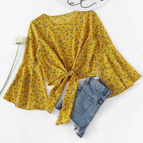 

Fluted Sleeve Ditsy Print Knot Front Blouse, Mustard yellow