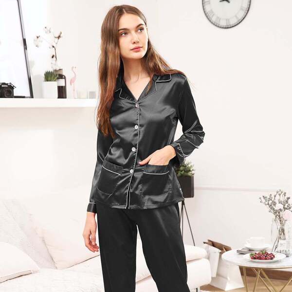 

Contrast Binding Satin Shirt & Pants Pj Set, Black