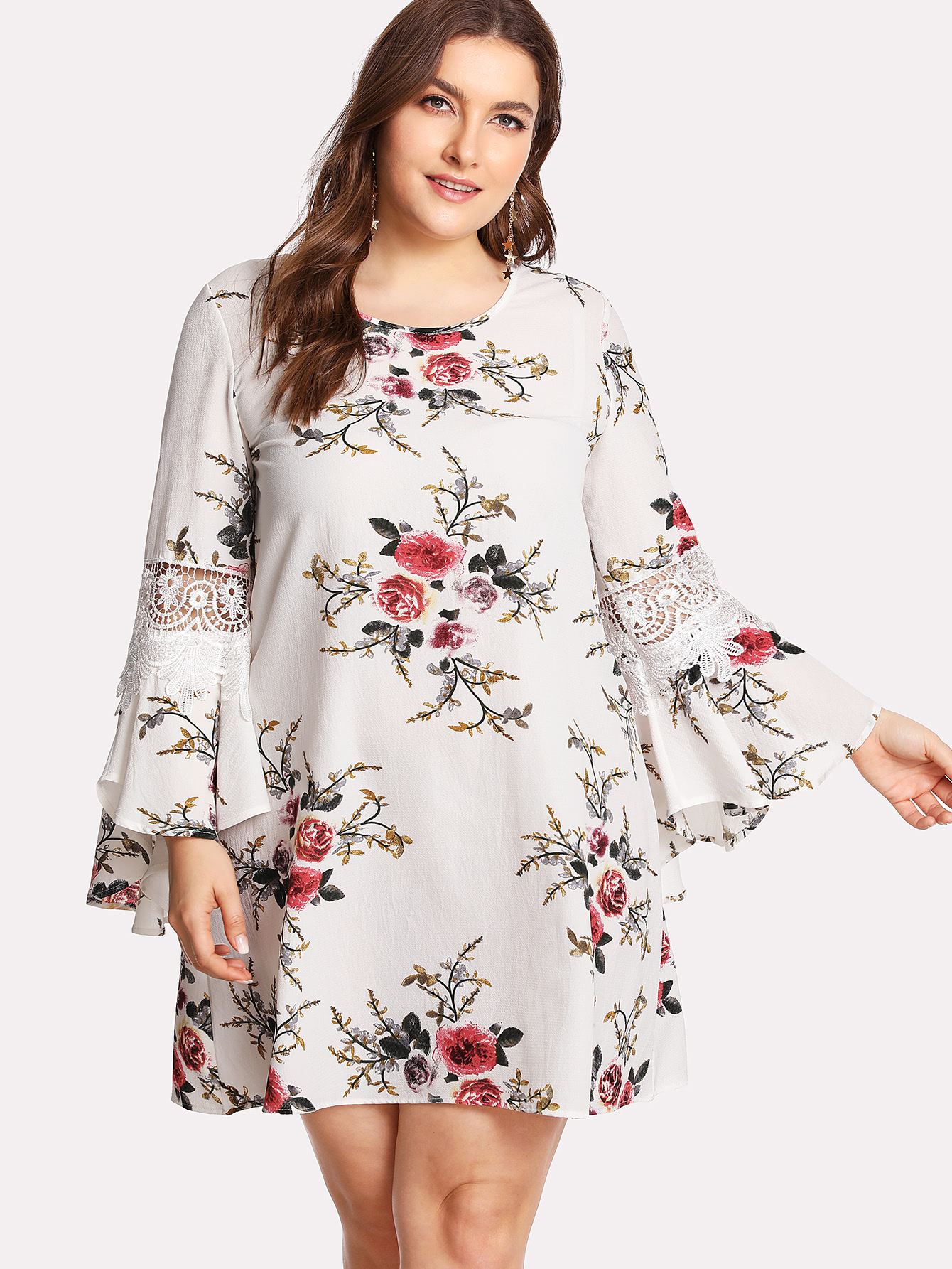 plus lace insert ruffle sleeve floral dress -shein(sheinside)