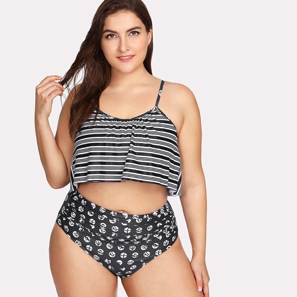 

Plus Striped Cami Top With Ruched Bikini Set