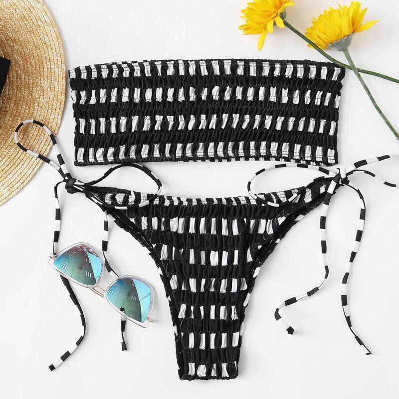 

Smocked Striped Bandeau With Tie Side Bikini, Black and white