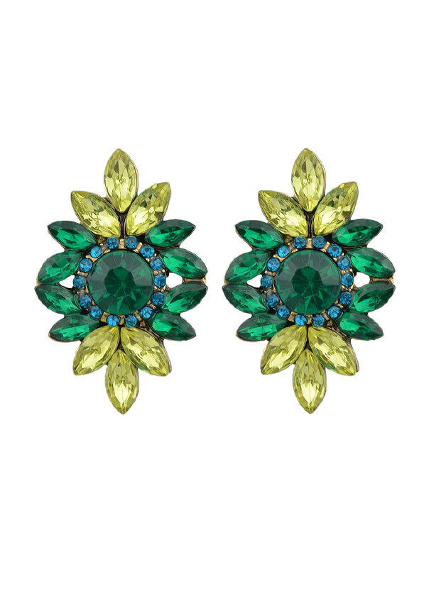 

Green Vintage Rhinestone Flower Earrings