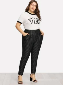 Plus Pinstriped Pockets Pants - Black - View 3