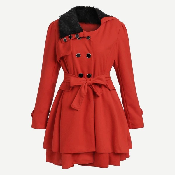 

Contrast Faux Fur Collar Double Layered Hem Coat