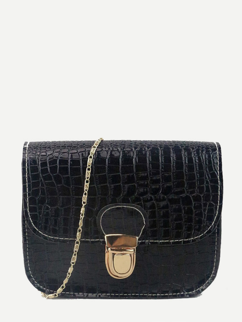 

Crocodile Print PU Chain Bag, Black
