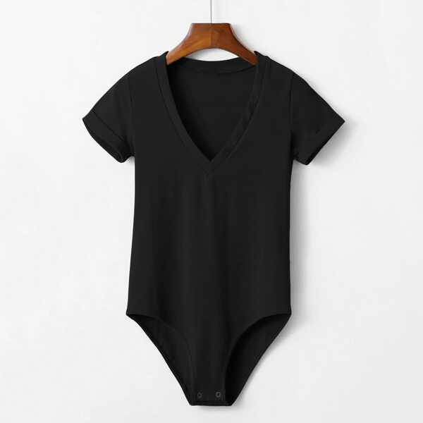 

V Neck Rolled Cuff Bodysuit, Black