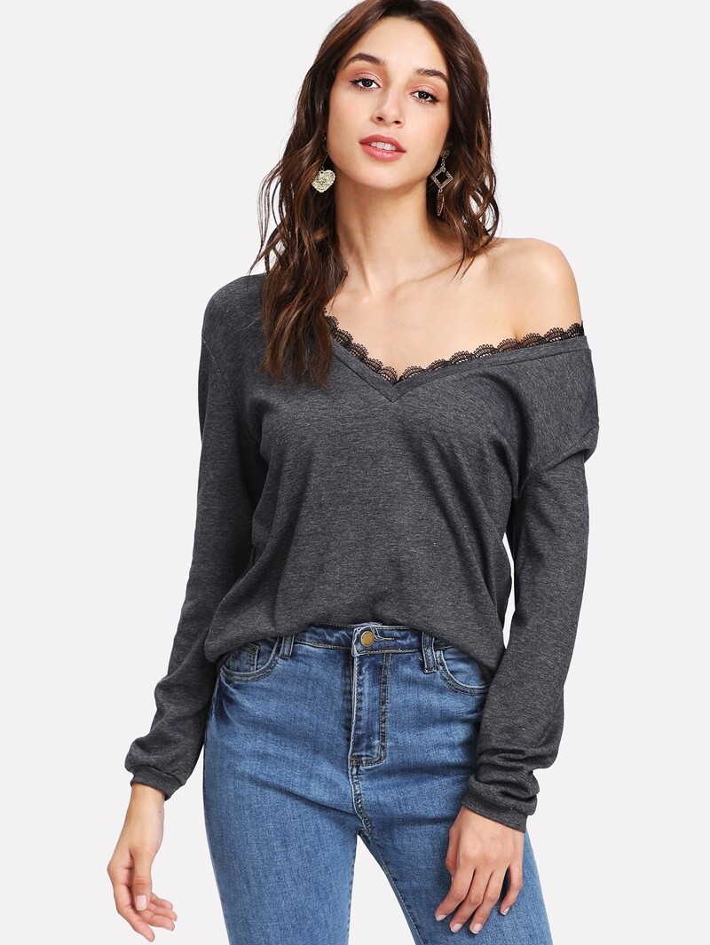

Lace V Neck Sweatshirt, Grey