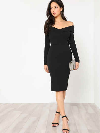 Foldover Bardot Slit Back Dress