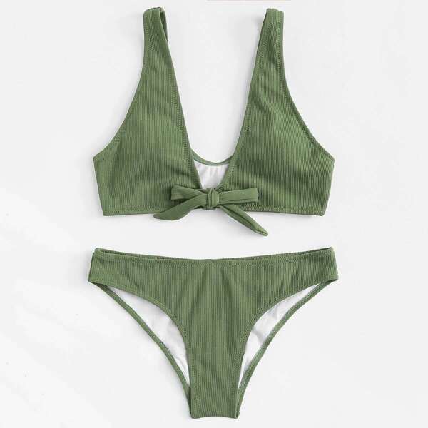 

Knot Front Top With Ribbed Bikini Set