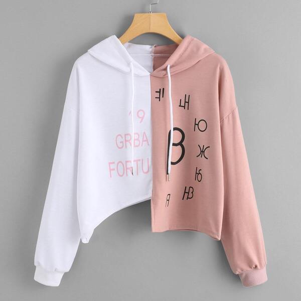 

Two Tone Letter Graphic Asymmetric Hoodie, Multicolor