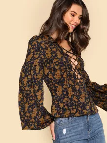 SHEIN Lantern Sleeve Lace Up Plunge Neck Floral Top - Multicolor - View 3