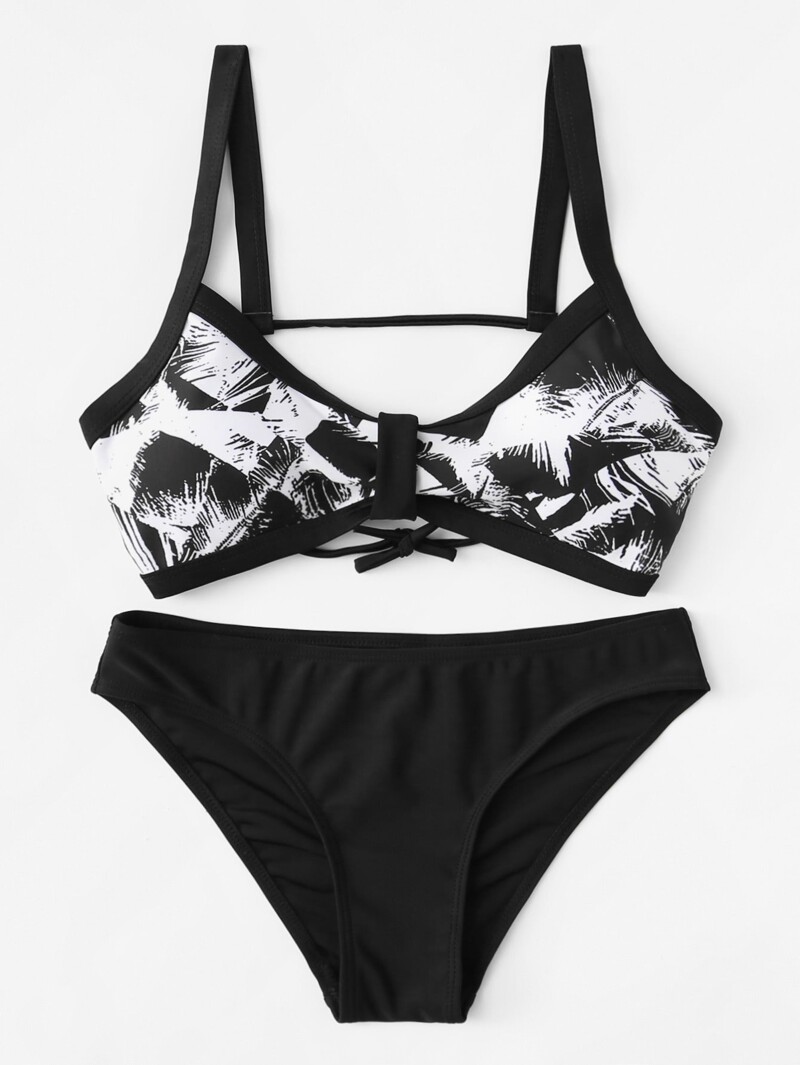 

Colorblock Self Tie Bikini Set, Black and white