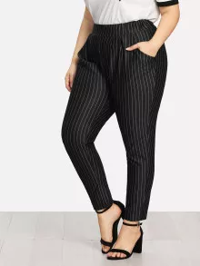 Plus Pinstriped Pockets Pants - Black - View 4