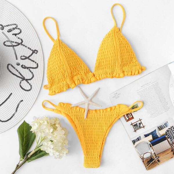 

Frill Thin Straps Top With Wrinkle Tanga Bikini Set