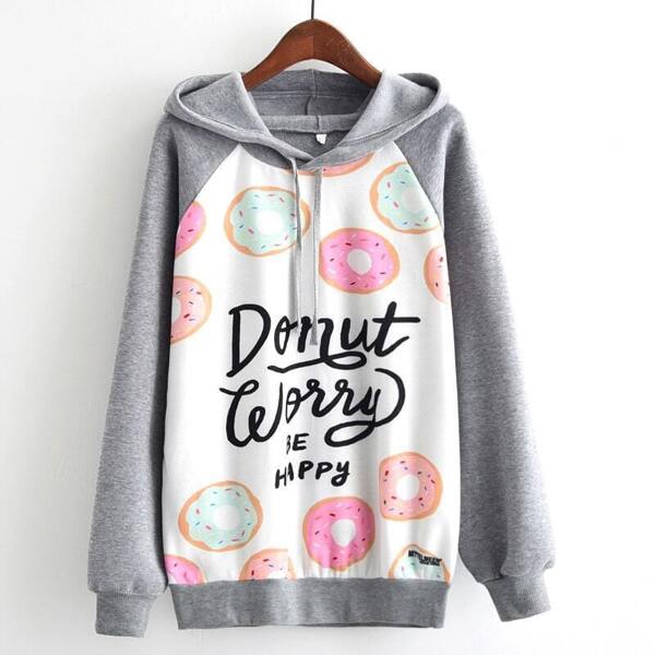 

Donuts Print Contrast Sleeve Hoodie, Multicolor