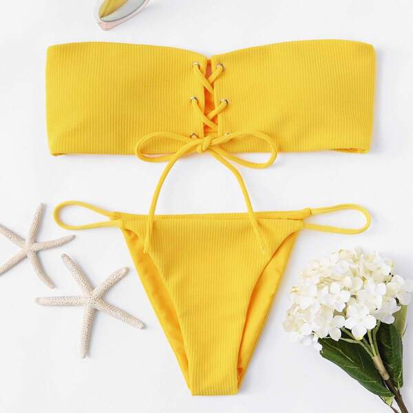 

Lace Up Bandeau With Ribbed Tanga Bikini Set