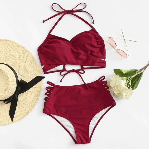 

Tie Back Halter Top With Ladder Cut Out Bikini