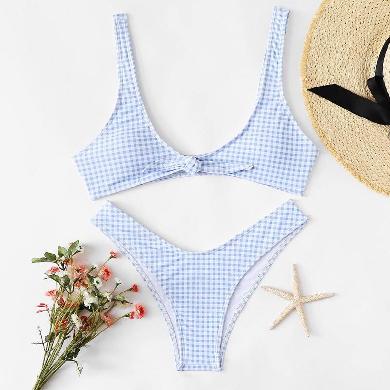 

Gingham Knot Front Top With High Leg Bikini, Blue