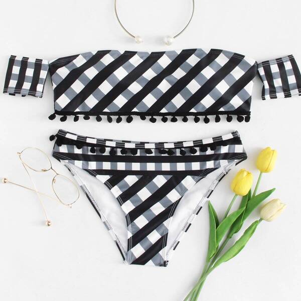 

Plaid Top Bardot Top With Pom Pom Decor Bikini Set