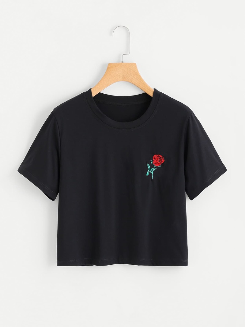 

Rose Embroidered Patch Tee, Black