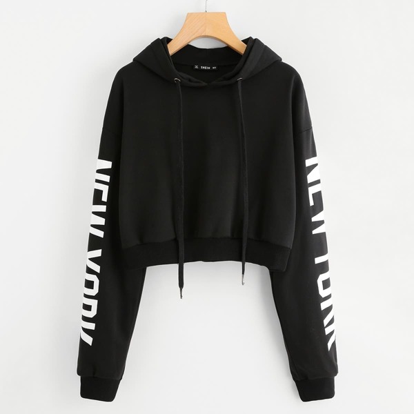 

Drop Shoulder Print Sleeve Hoodie, Black