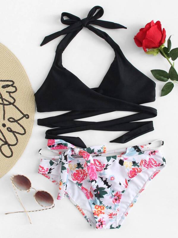 

Crisscross Top With Rose Print Tie Bikini Set, Multicolor