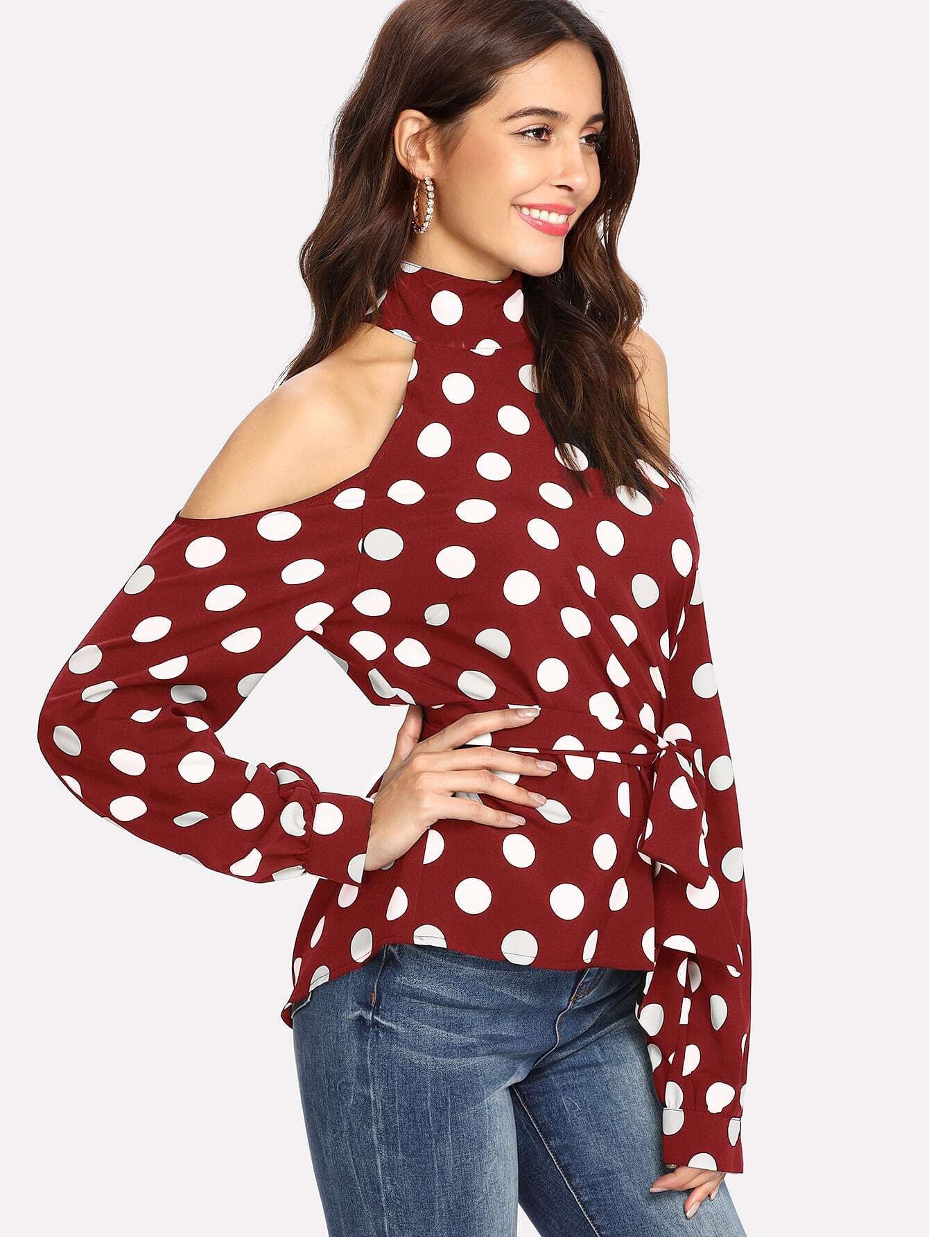 cold shoulder polka dot halter top