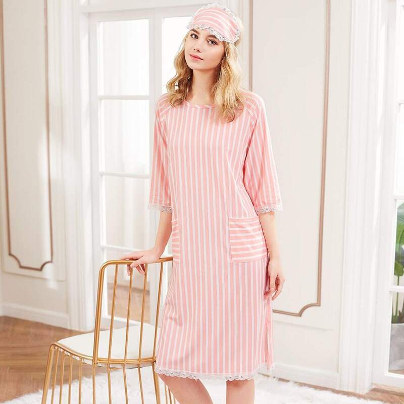 

Contrast Lace Trim Striped Night Dress With Eyelash, Pink
