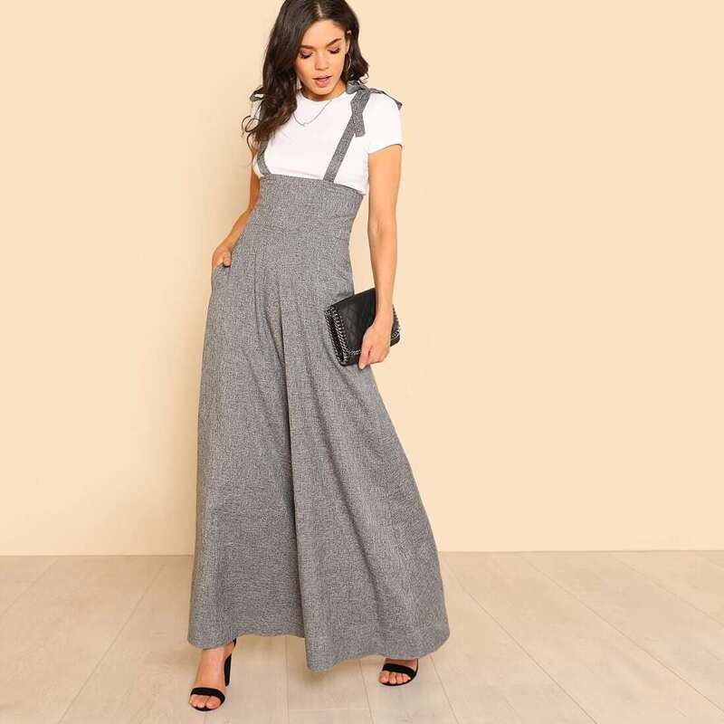 

Self Tie Strap Super Wide Leg Jumpsuit, Grey