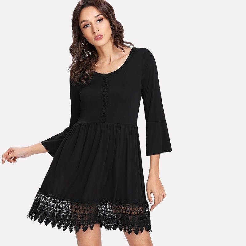 

Contrast Guipure Lace Skater Dress, Black