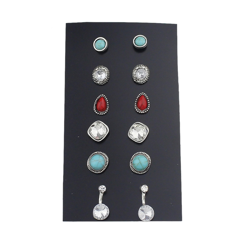 

6 Pairs/Set Red Blue Color Rhinestone Jewelry Stud Earring Set, Multicolor
