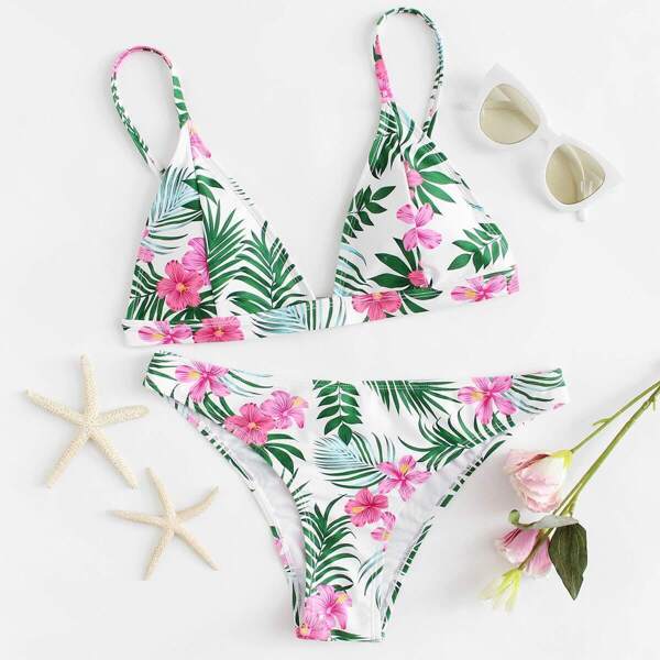 

Tropical Print Triangle Top Bikini Set