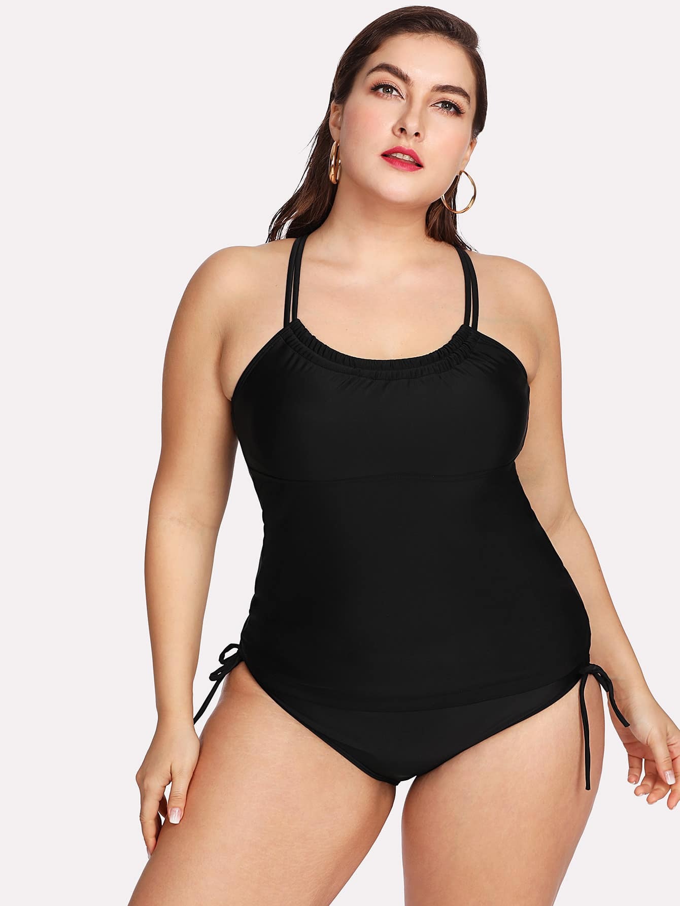 black halter neck drawstring side tankini set
