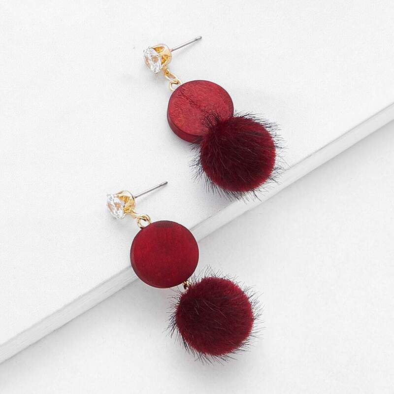 

Rhinestone Top Pom Pom Decorated Drop Earrings 1pair, Red