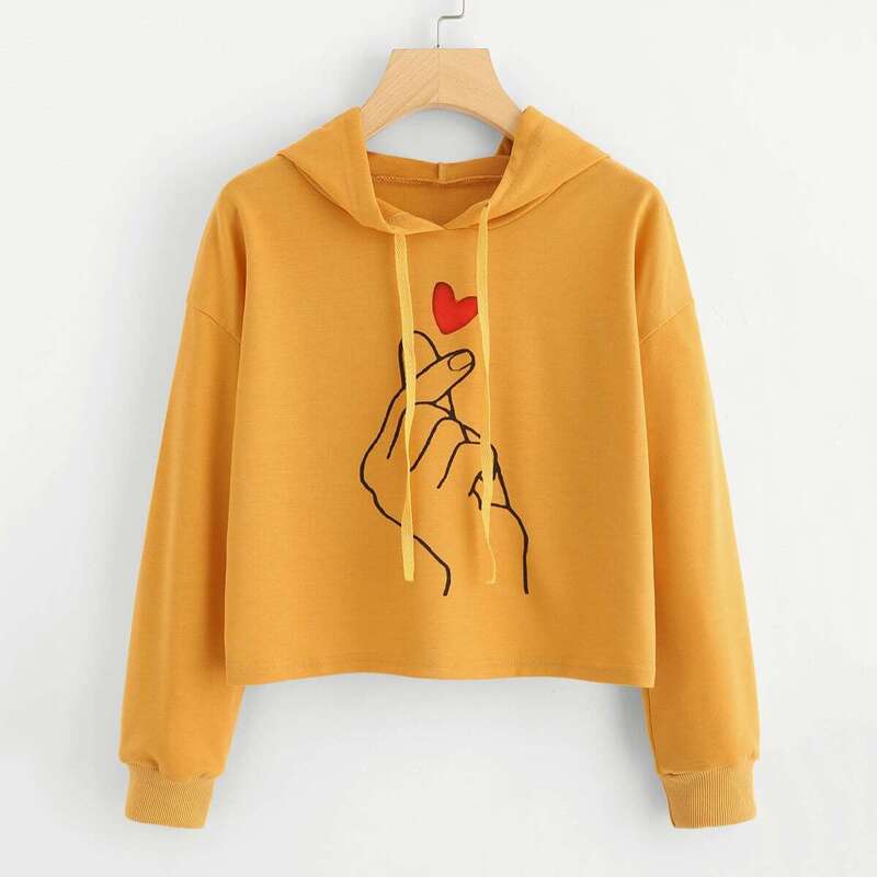 

Love Gesture Print Crop Hoodie, Yellow