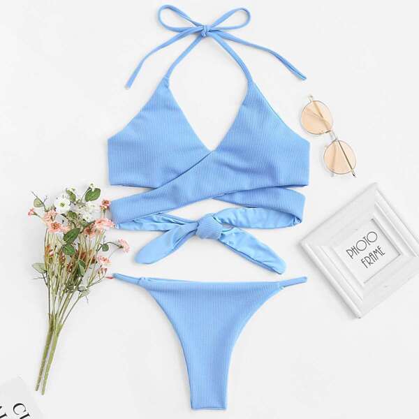 

Textured Halter Wrap Top With High Cut Bikini