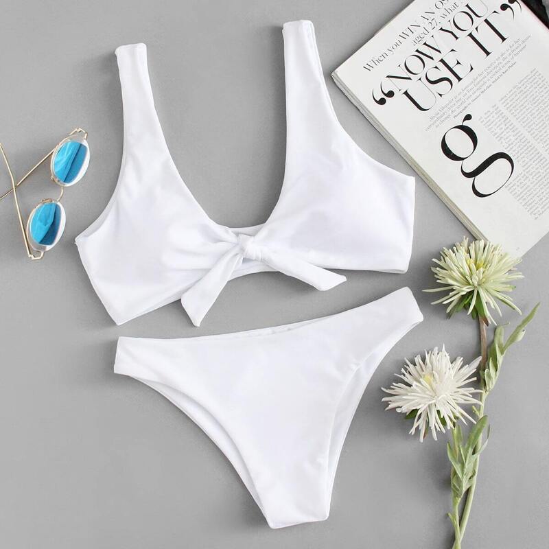 

Knot Front Top With High Leg Bikini Set, White
