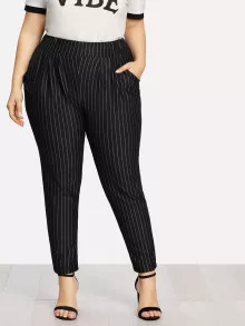 Plus Pinstriped Pockets Pants - Black - View 1
