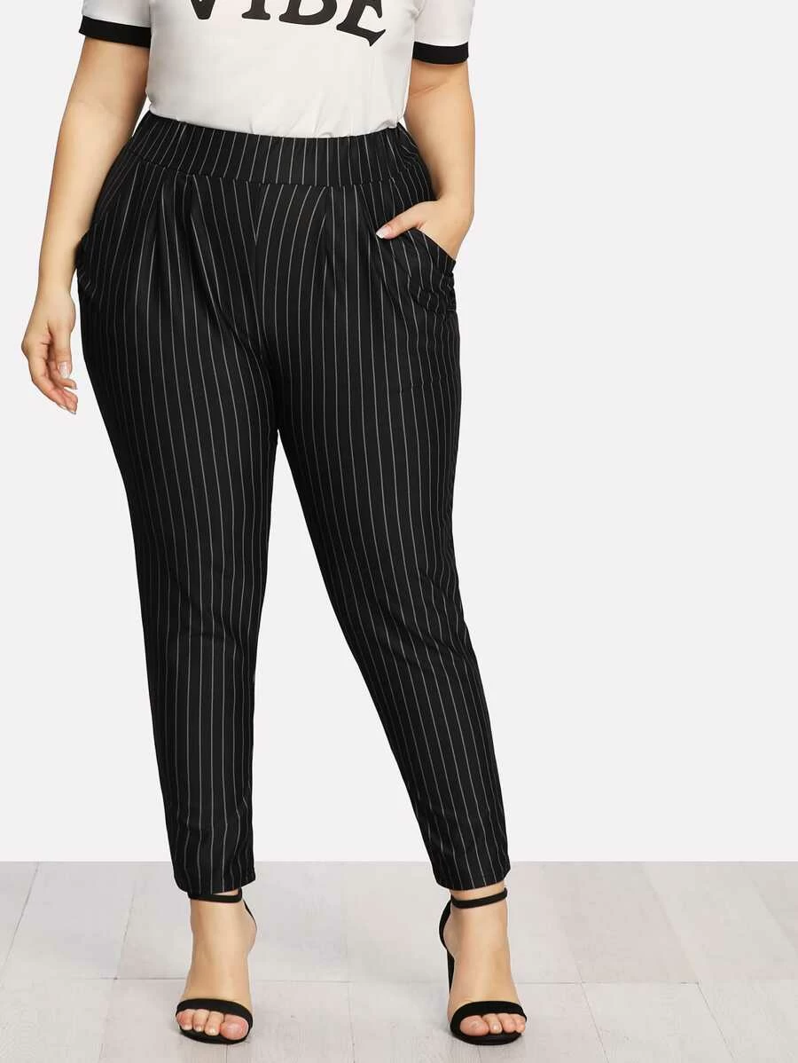 Plus Pinstriped Pockets Pants - Black - View 1